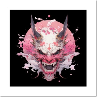 Oni Demon Mask Cyberpunk Pink Posters and Art